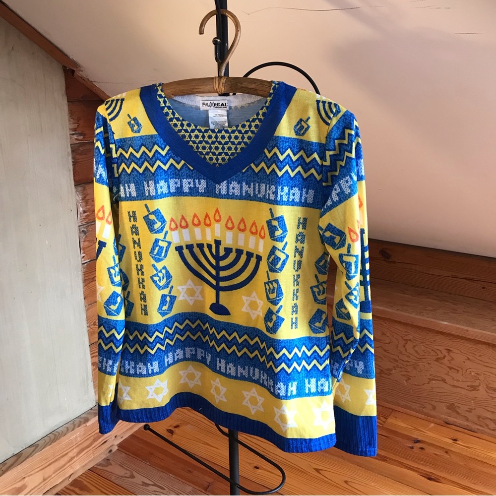 Faux Real Blue Gold Hanukkah Sweater, EUC, M/L